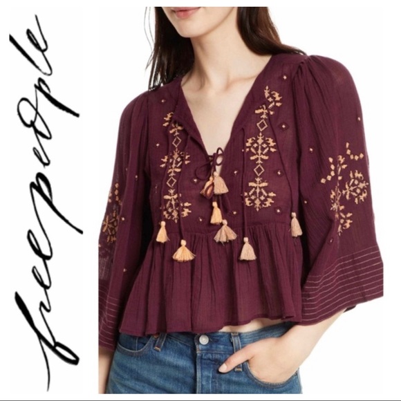 Free People Tops - 💕SALE💕 Free People Burgundy Embroidered Boho Top